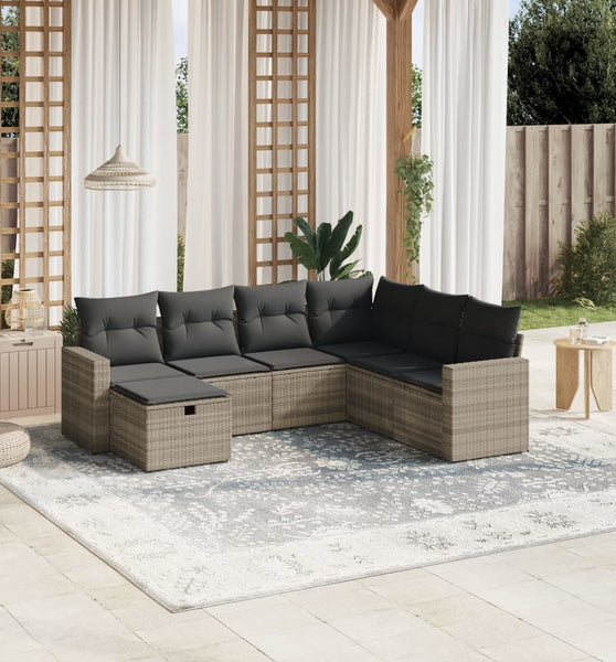 7-tlg. Garten-Sofagarnitur mit Kissen Hellgrau Poly Rattan