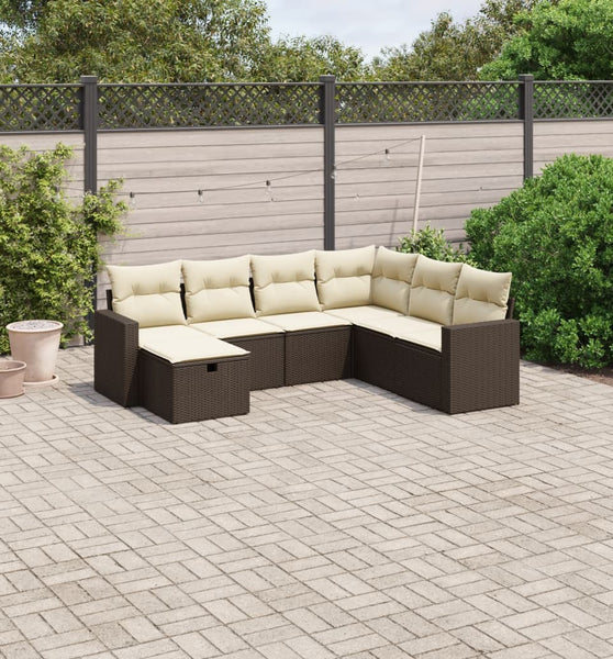 7-tlg. Garten-Sofagarnitur mit Kissen Braun Poly Rattan
