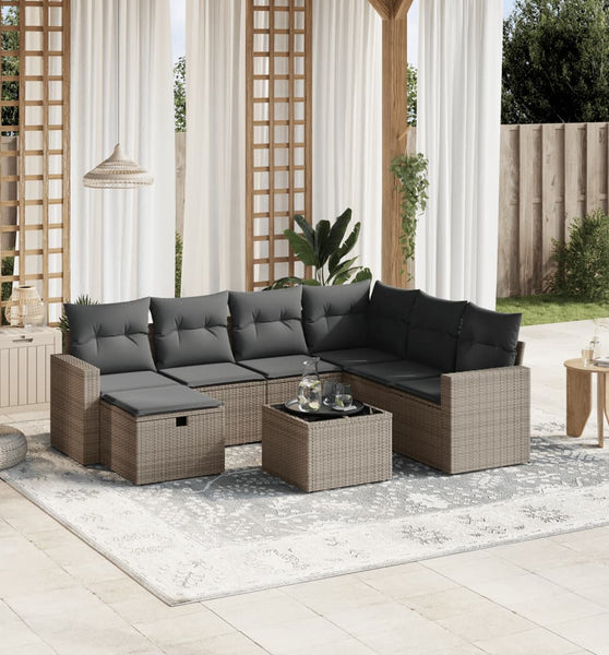 8-tlg. Garten-Sofagarnitur mit Kissen Grau Poly Rattan