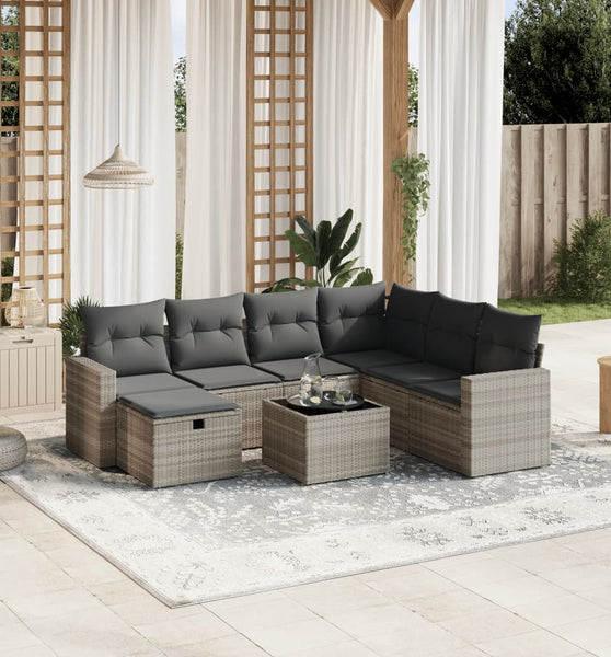 8-tlg. Garten-Sofagarnitur mit Kissen Hellgrau Poly Rattan