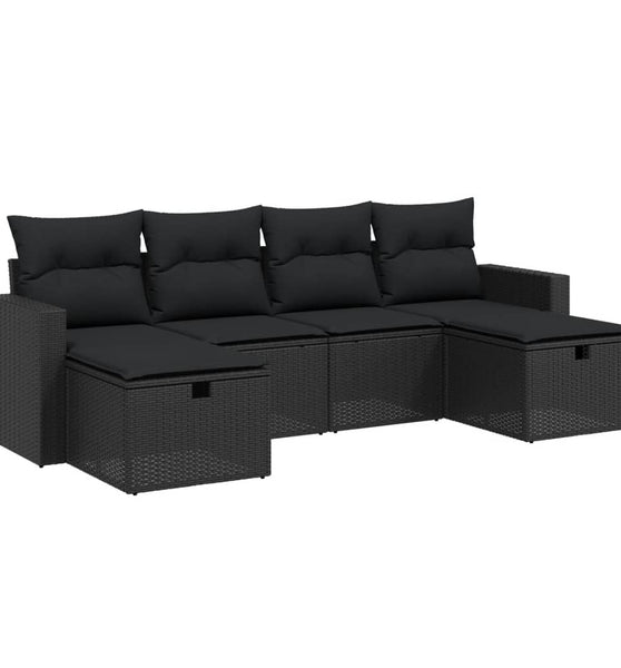 6-tlg. Garten-Sofagarnitur mit Kissen Schwarz Poly Rattan