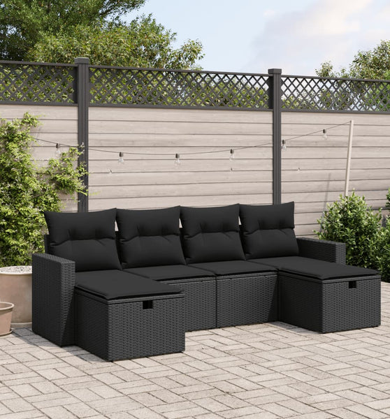 6-tlg. Garten-Sofagarnitur mit Kissen Schwarz Poly Rattan
