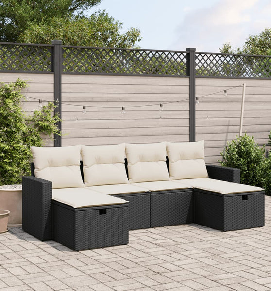 6-tlg. Garten-Sofagarnitur mit Kissen Schwarz Poly Rattan