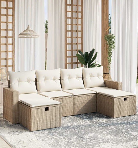 6-tlg. Garten-Sofagarnitur mit Kissen Beige Poly Rattan