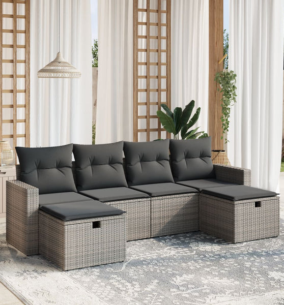6-tlg. Garten-Sofagarnitur mit Kissen Grau Poly Rattan