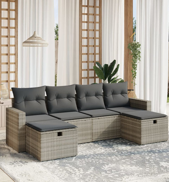6-tlg. Garten-Sofagarnitur mit Kissen Hellgrau Poly Rattan