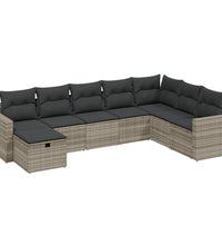 8-tlg. Garten-Sofagarnitur mit Kissen Hellgrau Poly Rattan