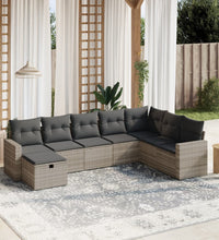 8-tlg. Garten-Sofagarnitur mit Kissen Hellgrau Poly Rattan