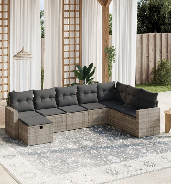 8-tlg. Garten-Sofagarnitur mit Kissen Hellgrau Poly Rattan