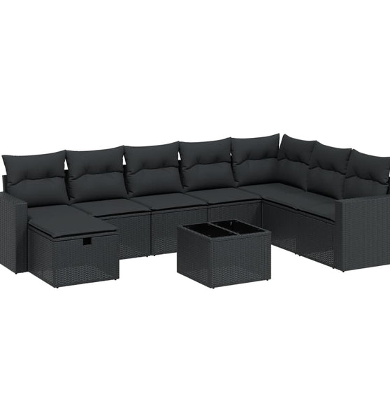 9-tlg. Garten-Sofagarnitur mit Kissen Schwarz Poly Rattan