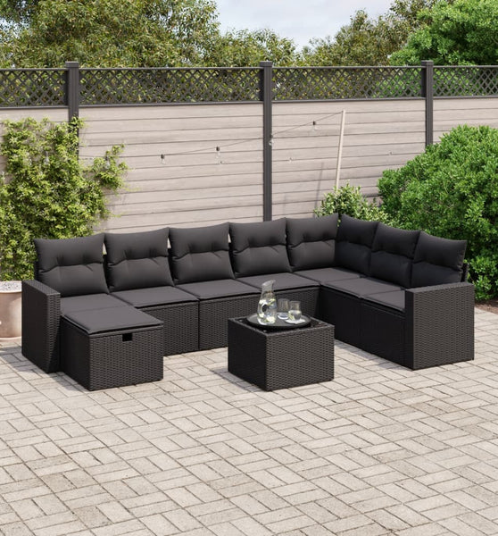 9-tlg. Garten-Sofagarnitur mit Kissen Schwarz Poly Rattan