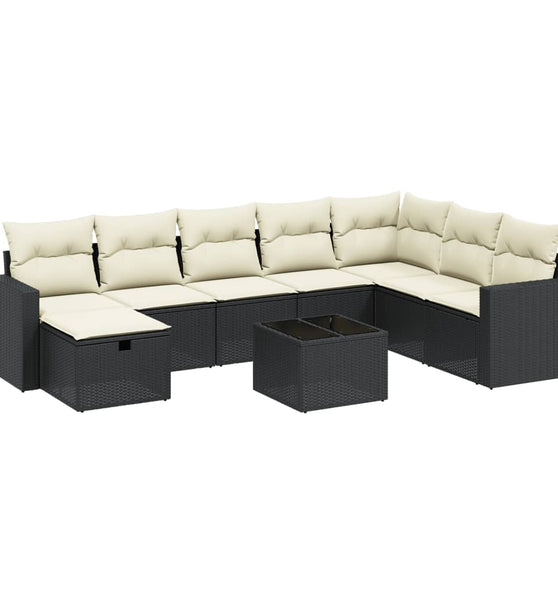 9-tlg. Garten-Sofagarnitur mit Kissen Schwarz Poly Rattan