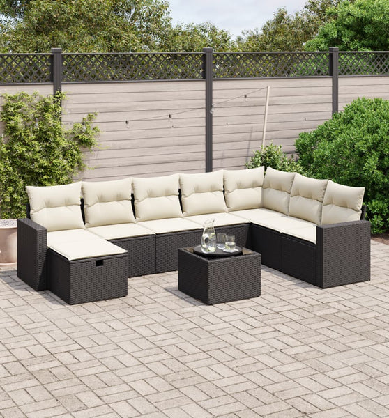9-tlg. Garten-Sofagarnitur mit Kissen Schwarz Poly Rattan
