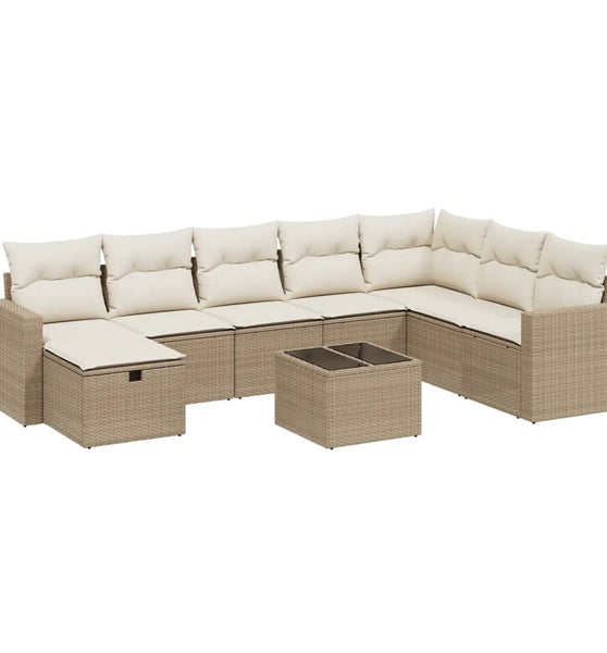 9-tlg. Garten-Sofagarnitur mit Kissen Beige Poly Rattan