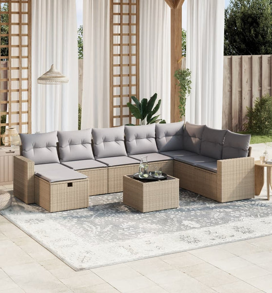 9-tlg. Garten-Sofagarnitur mit Kissen Beige Poly Rattan