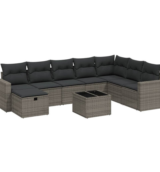 9-tlg. Garten-Sofagarnitur mit Kissen Grau Poly Rattan