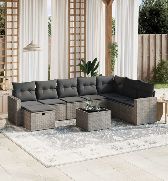 9-tlg. Garten-Sofagarnitur mit Kissen Grau Poly Rattan