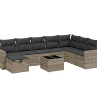 9-tlg. Garten-Sofagarnitur mit Kissen Hellgrau Poly Rattan