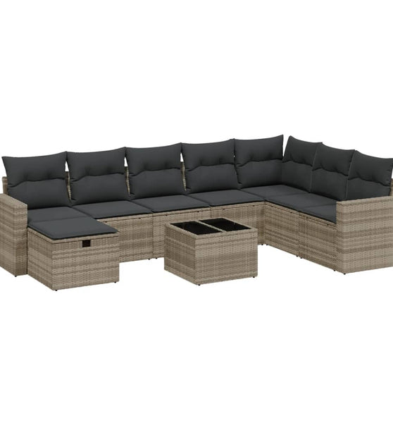 9-tlg. Garten-Sofagarnitur mit Kissen Hellgrau Poly Rattan