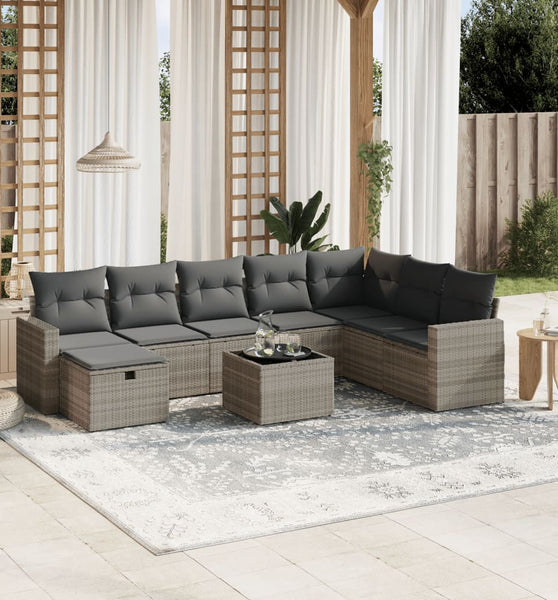 9-tlg. Garten-Sofagarnitur mit Kissen Hellgrau Poly Rattan