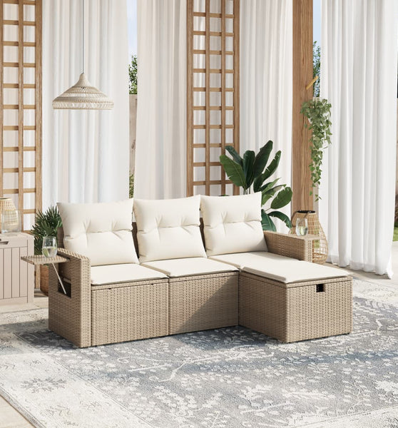 4-tlg. Garten-Sofagarnitur mit Kissen Beige Poly Rattan