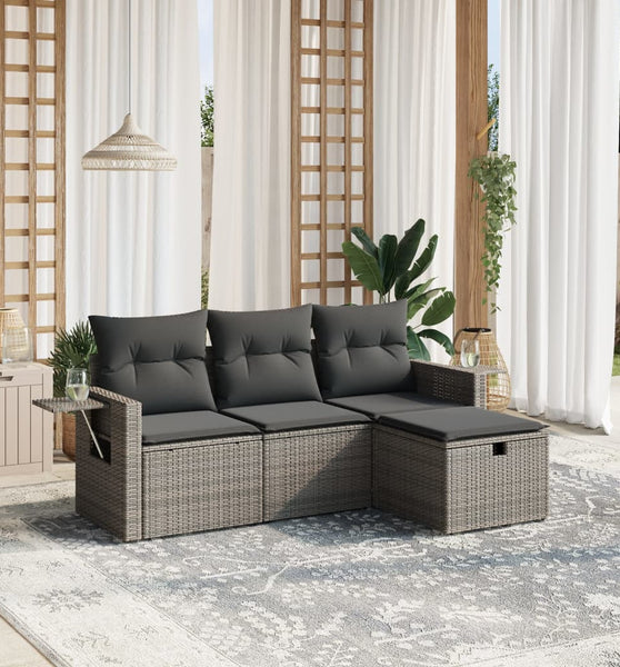 4-tlg. Garten-Sofagarnitur mit Kissen Grau Poly Rattan