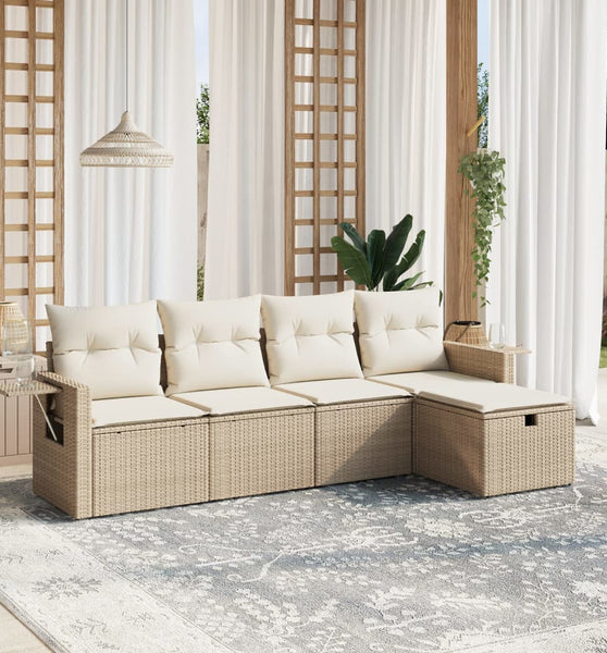 5-tlg. Garten-Sofagarnitur mit Kissen Beige Poly Rattan