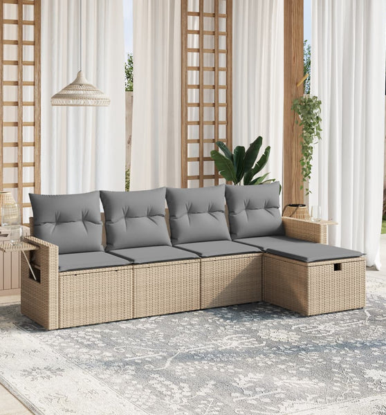 5-tlg. Garten-Sofagarnitur mit Kissen Beige Poly Rattan