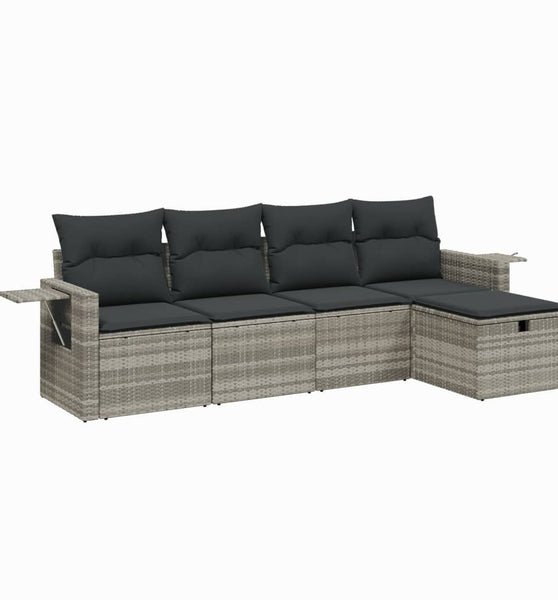 5-tlg. Garten-Sofagarnitur mit Kissen Hellgrau Poly Rattan