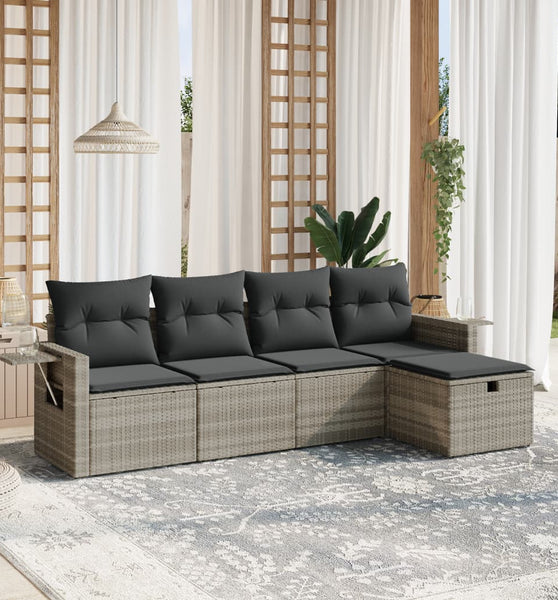 5-tlg. Garten-Sofagarnitur mit Kissen Hellgrau Poly Rattan