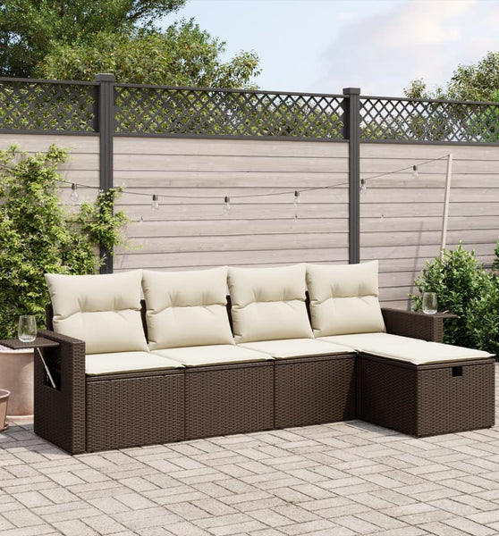 5-tlg. Garten-Sofagarnitur mit Kissen Braun Poly Rattan
