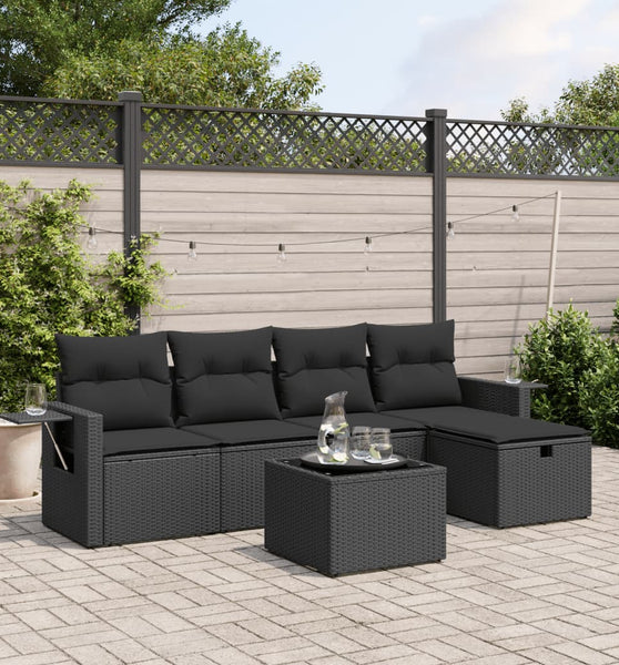 6-tlg. Garten-Sofagarnitur mit Kissen Schwarz Poly Rattan