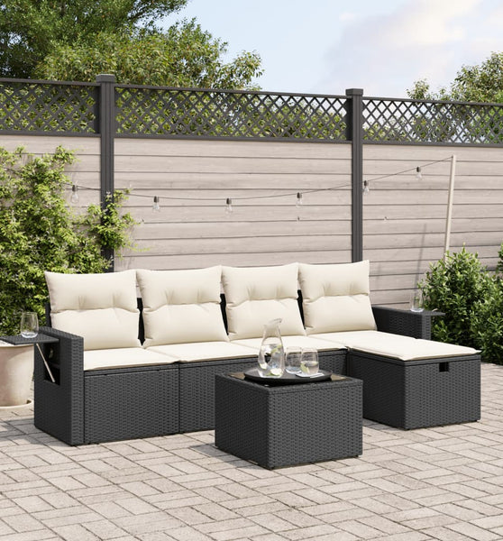 6-tlg. Garten-Sofagarnitur mit Kissen Schwarz Poly Rattan