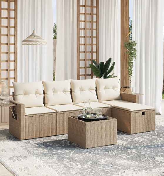 6-tlg. Garten-Sofagarnitur mit Kissen Beige Poly Rattan