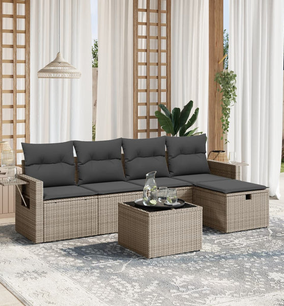 6-tlg. Garten-Sofagarnitur mit Kissen Grau Poly Rattan