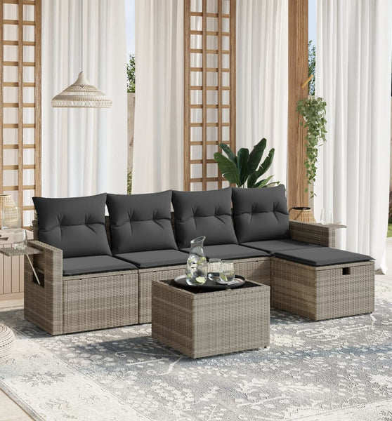 6-tlg. Garten-Sofagarnitur mit Kissen Hellgrau Poly Rattan