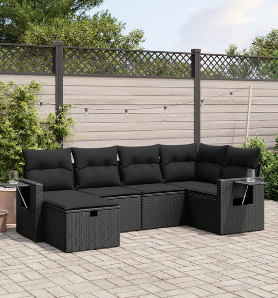 6-tlg. Garten-Sofagarnitur mit Kissen Schwarz Poly Rattan