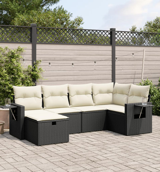6-tlg. Garten-Sofagarnitur mit Kissen Schwarz Poly Rattan