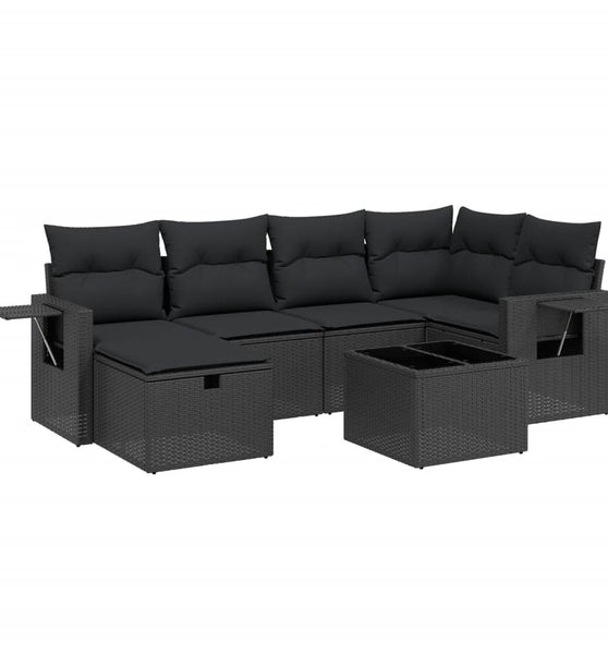 7-tlg. Garten-Sofagarnitur mit Kissen Schwarz Poly Rattan