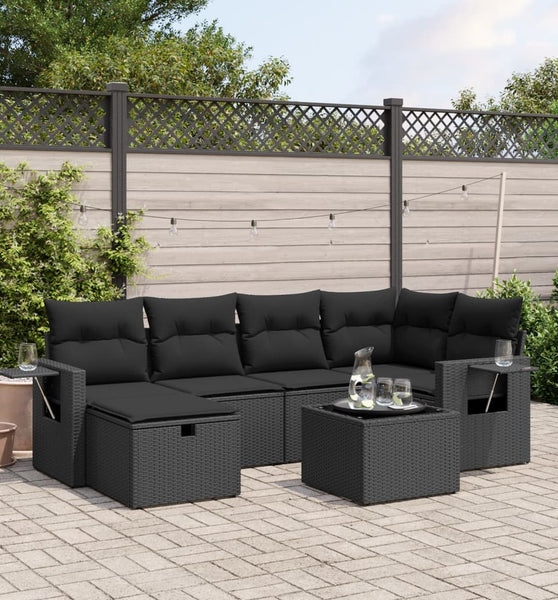 7-tlg. Garten-Sofagarnitur mit Kissen Schwarz Poly Rattan