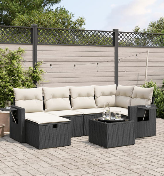 7-tlg. Garten-Sofagarnitur mit Kissen Schwarz Poly Rattan