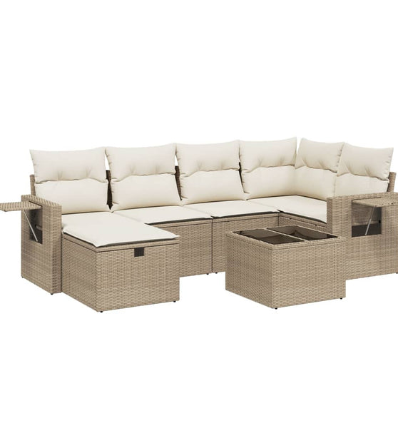 7-tlg. Garten-Sofagarnitur mit Kissen Beige Poly Rattan