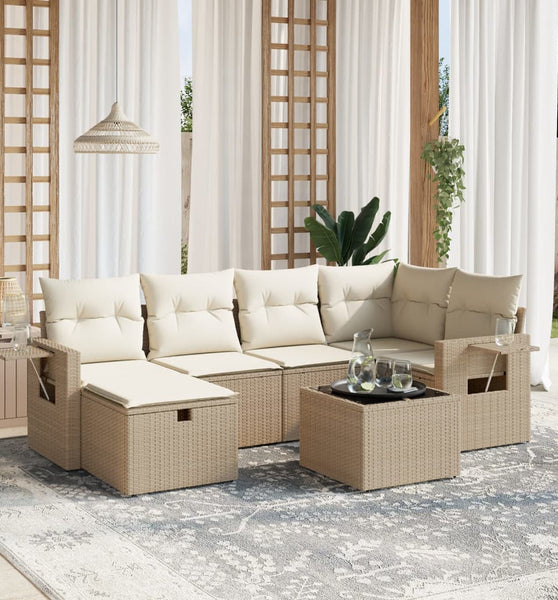 7-tlg. Garten-Sofagarnitur mit Kissen Beige Poly Rattan