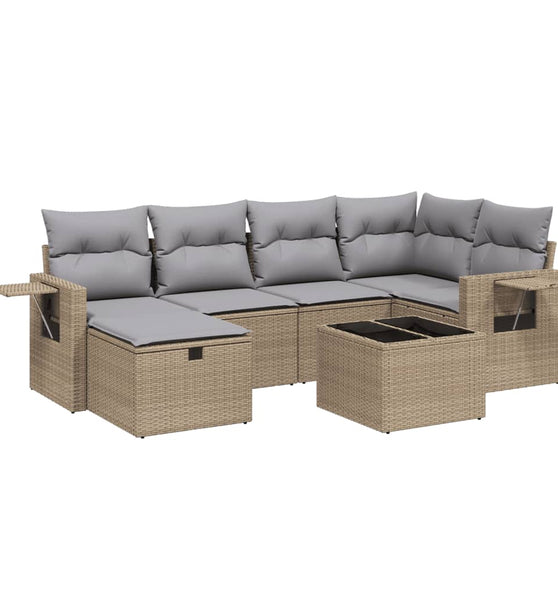 7-tlg. Garten-Sofagarnitur mit Kissen Beige Poly Rattan