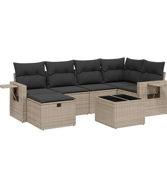 7-tlg. Garten-Sofagarnitur mit Kissen Grau Poly Rattan