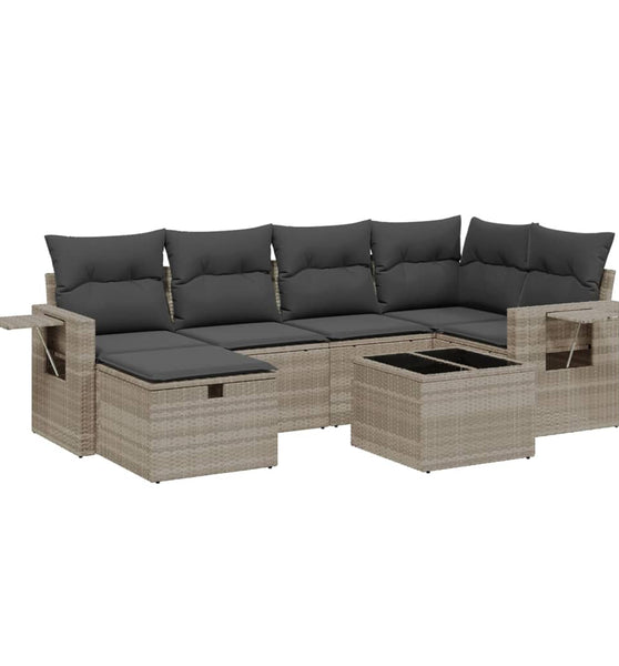 7-tlg. Garten-Sofagarnitur mit Kissen Hellgrau Poly Rattan