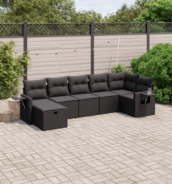 7-tlg. Garten-Sofagarnitur mit Kissen Schwarz Poly Rattan