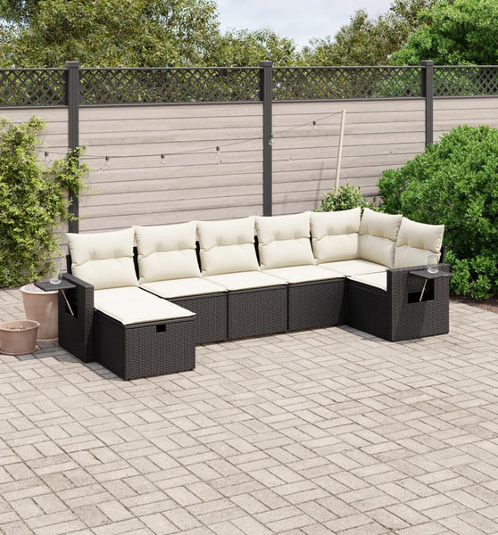 7-tlg. Garten-Sofagarnitur mit Kissen Schwarz Poly Rattan