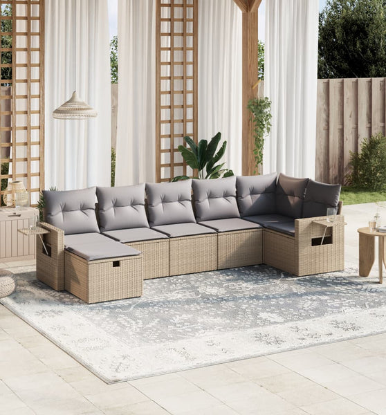 7-tlg. Garten-Sofagarnitur mit Kissen Beige Poly Rattan