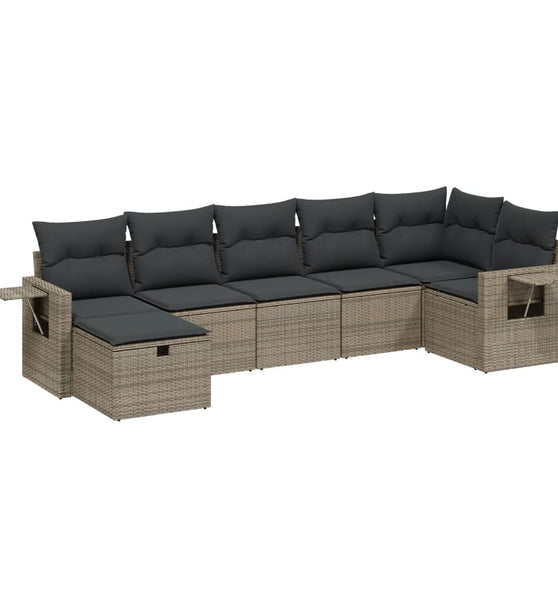 7-tlg. Garten-Sofagarnitur mit Kissen Grau Poly Rattan